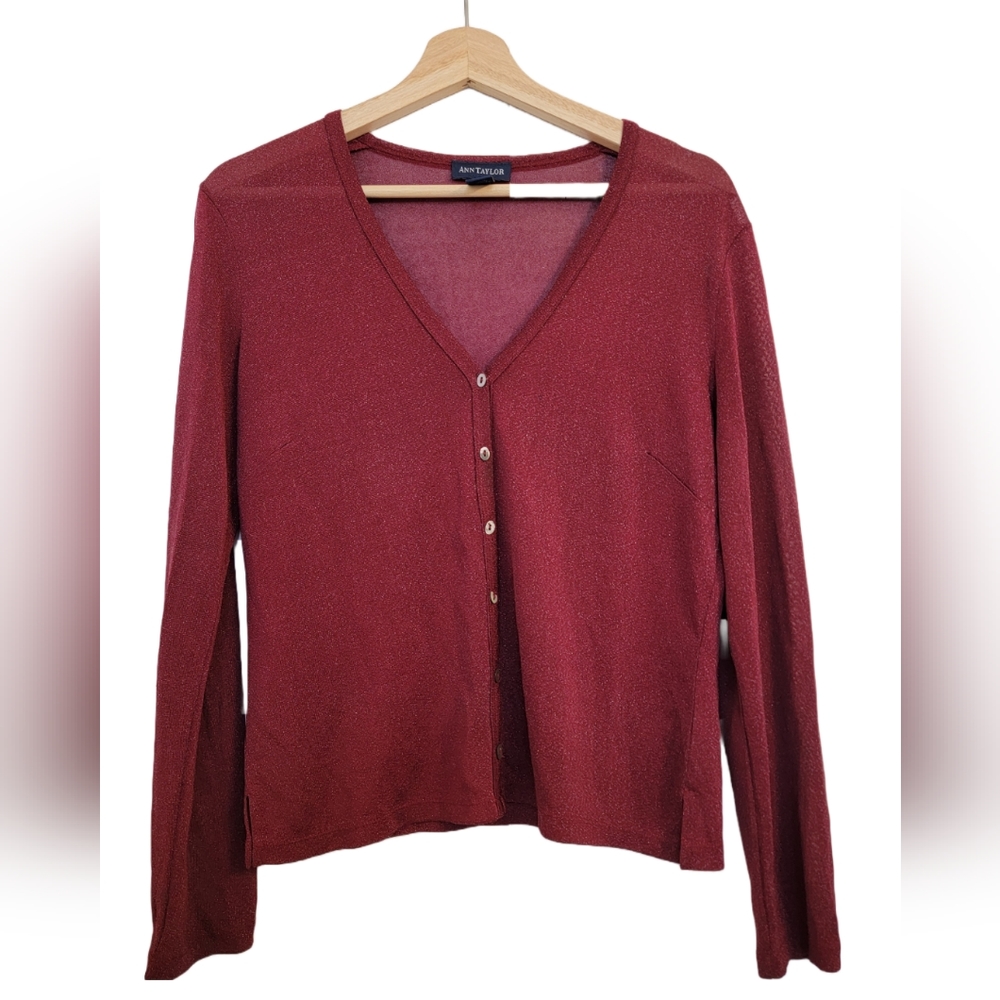 Ann Taylor Sheer Red Cardigan Button Down Size M